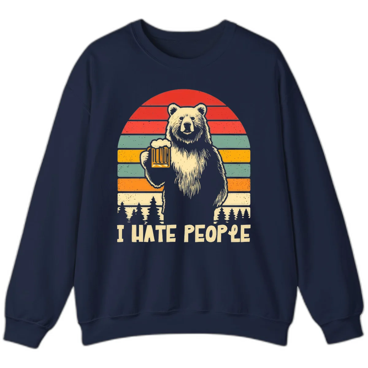 Retro illustration of a grizzly bear holding a beer mug against colorful horizontal stripes with forest and mountain silhouettes, text reads 'I HATE PEOPLE' in Navy