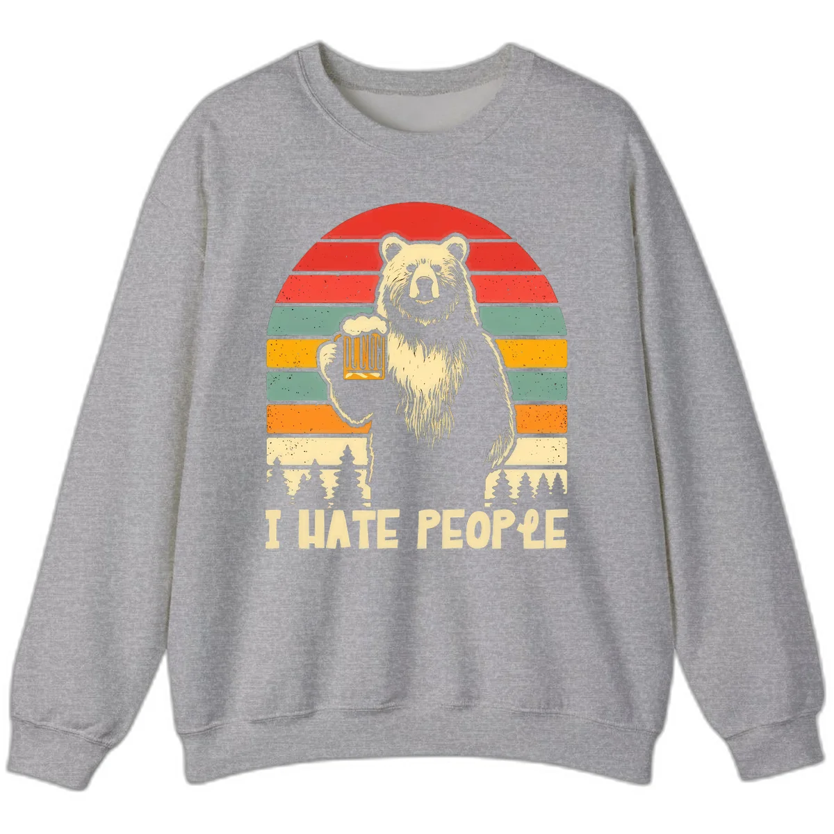 Retro illustration of a grizzly bear holding a beer mug against colorful horizontal stripes with forest and mountain silhouettes, text reads 'I HATE PEOPLE' in Sport Grey