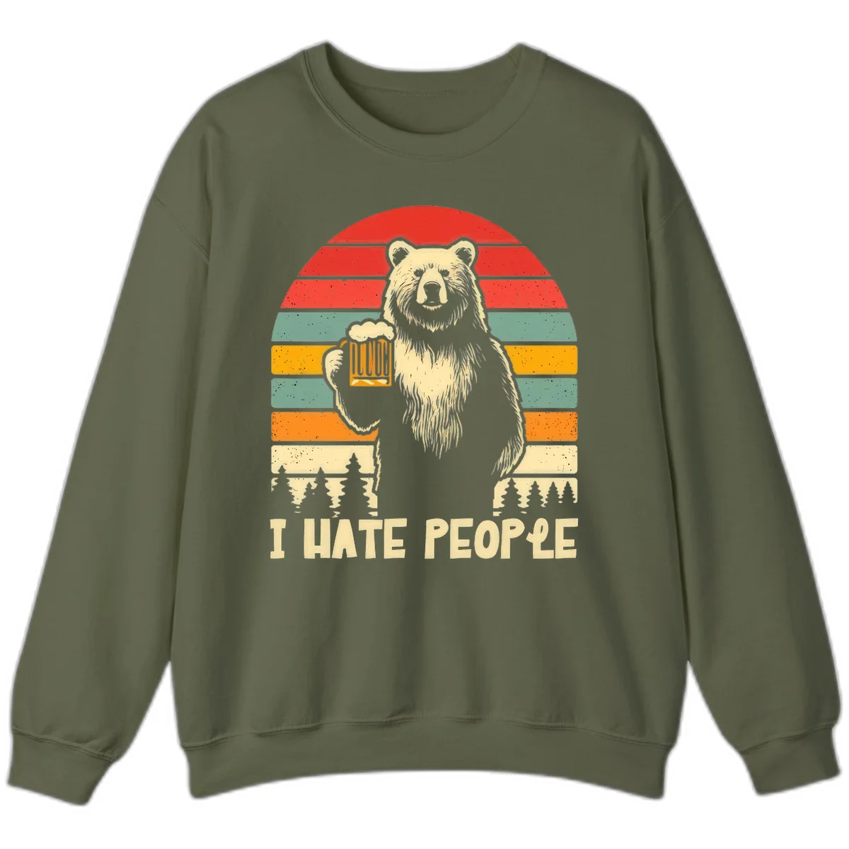 Retro illustration of a grizzly bear holding a beer mug against colorful horizontal stripes with forest and mountain silhouettes, text reads 'I HATE PEOPLE' in Military Green