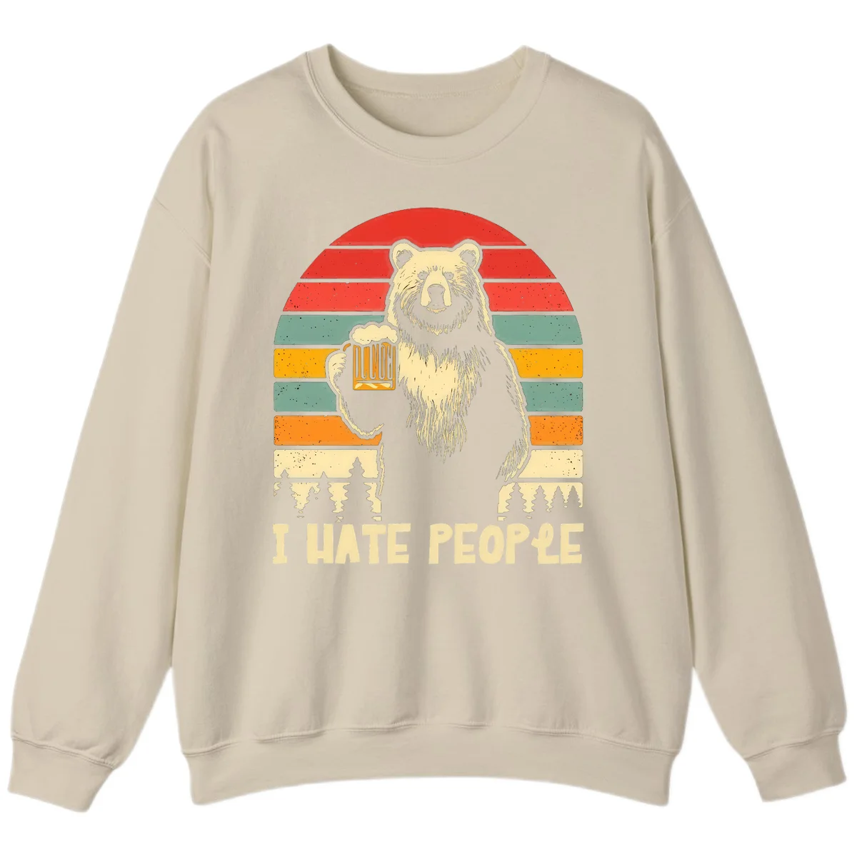 Retro illustration of a grizzly bear holding a beer mug against colorful horizontal stripes with forest and mountain silhouettes, text reads 'I HATE PEOPLE' in Sand
