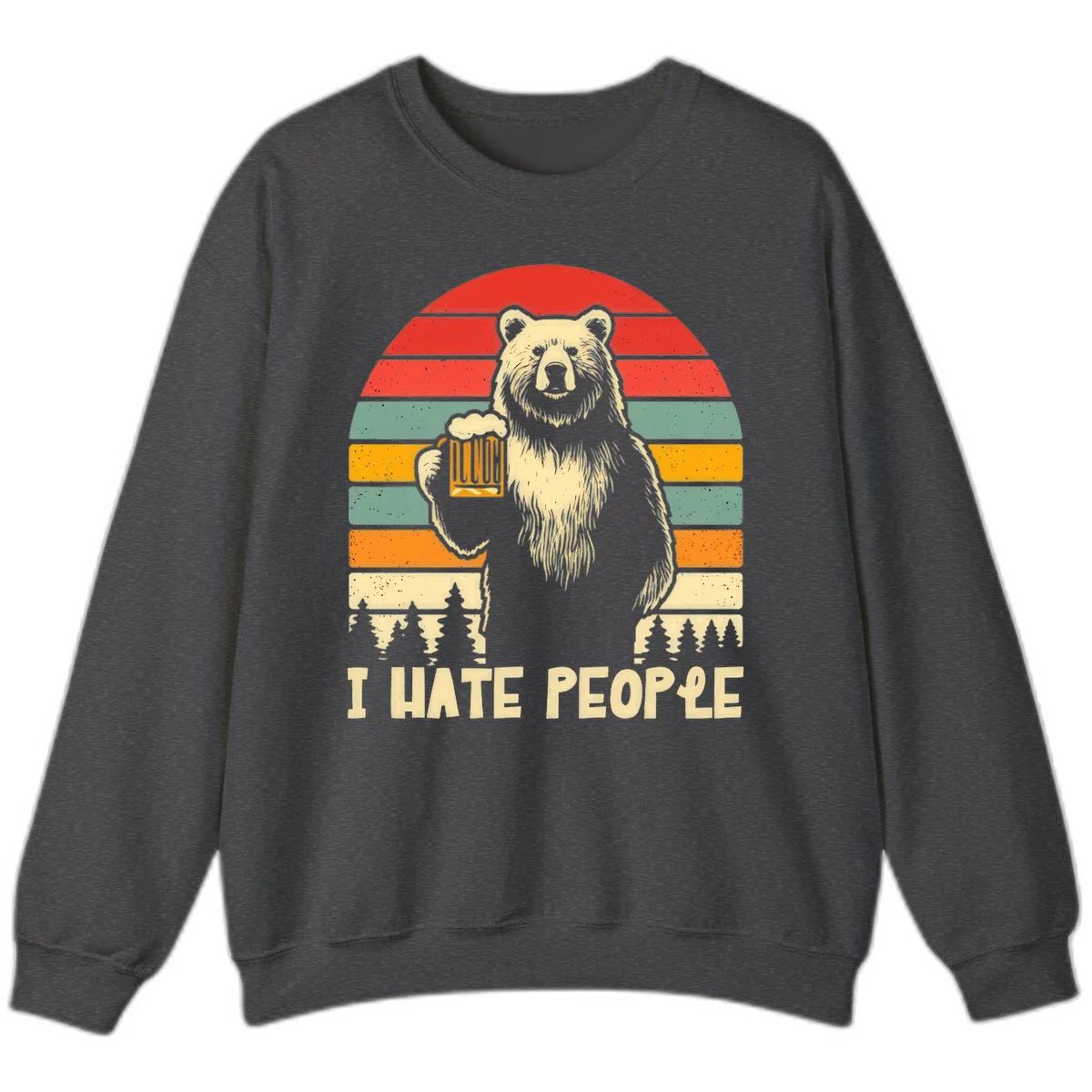 Retro illustration of a grizzly bear holding a beer mug against colorful horizontal stripes with forest and mountain silhouettes, text reads 'I HATE PEOPLE' in Dark Heather