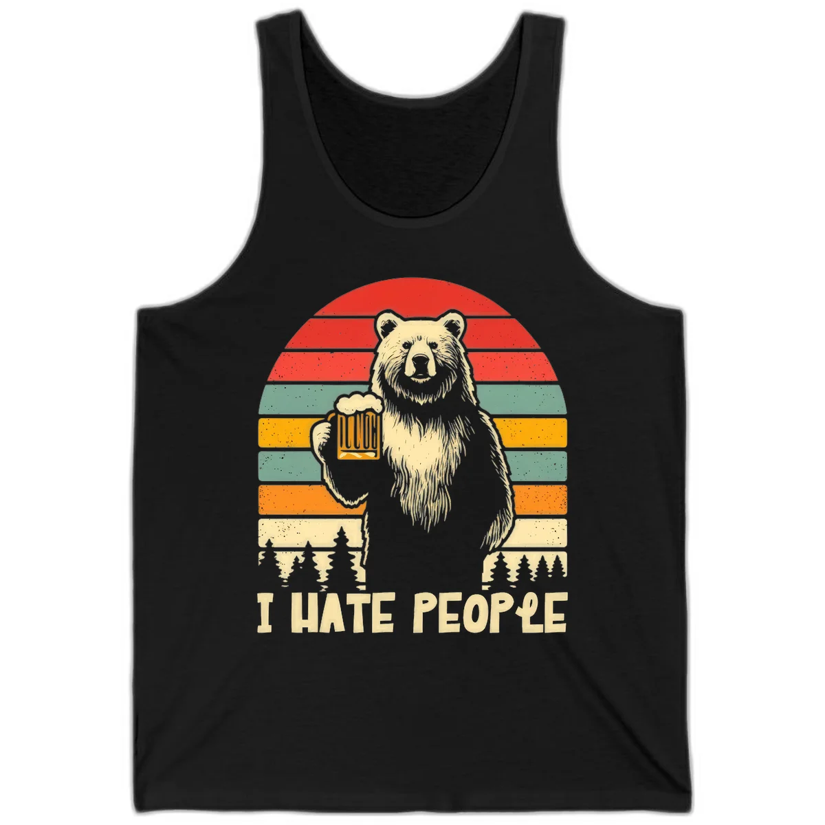 Retro illustration of a grizzly bear holding a beer mug against colorful horizontal stripes with forest and mountain silhouettes, text reads 'I HATE PEOPLE' in Black