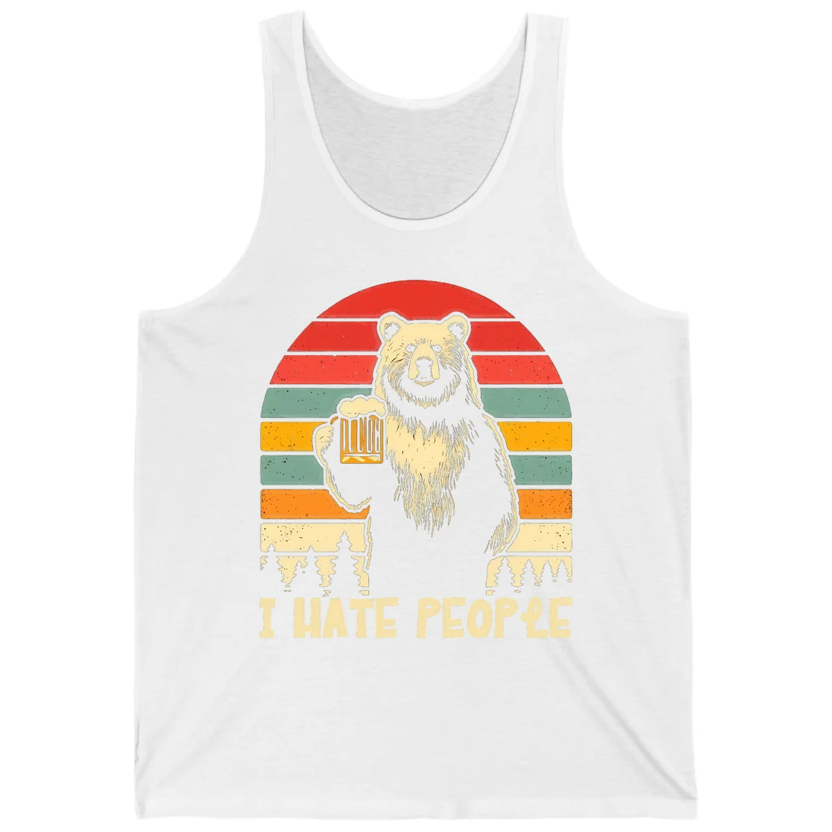 Retro illustration of a grizzly bear holding a beer mug against colorful horizontal stripes with forest and mountain silhouettes, text reads 'I HATE PEOPLE' in White