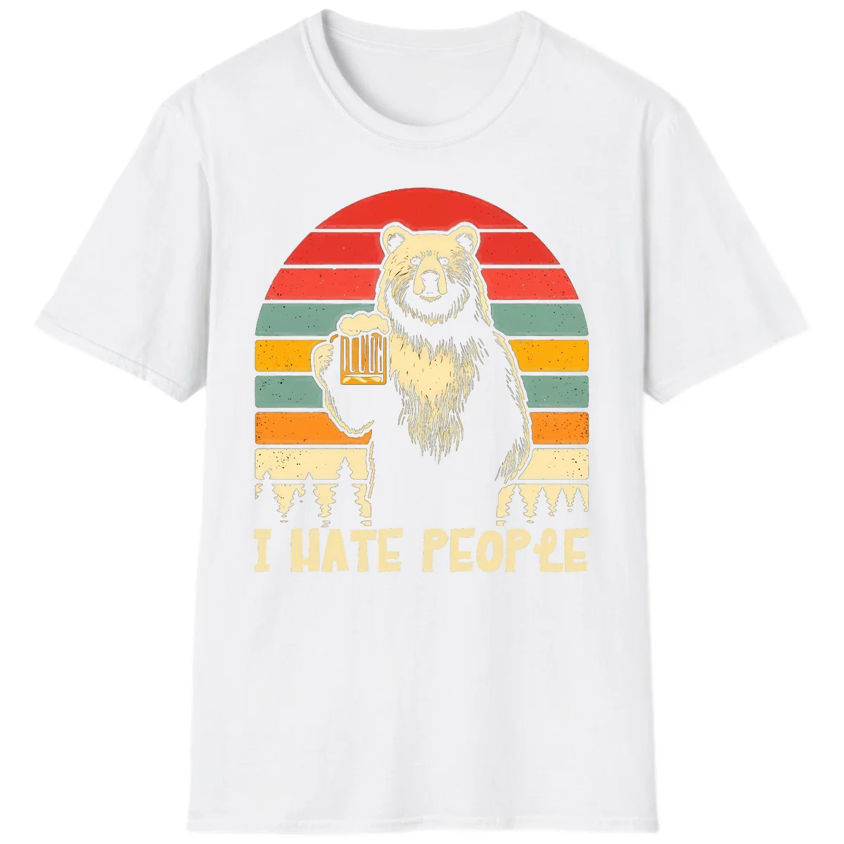 Retro illustration of a grizzly bear holding a beer mug against colorful horizontal stripes with forest and mountain silhouettes, text reads 'I HATE PEOPLE' in White
