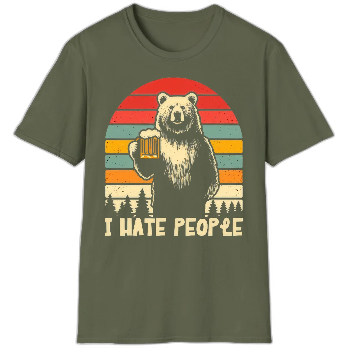 Retro illustration of a grizzly bear holding a beer mug against colorful horizontal stripes with forest and mountain silhouettes, text reads 'I HATE PEOPLE' in Military Green