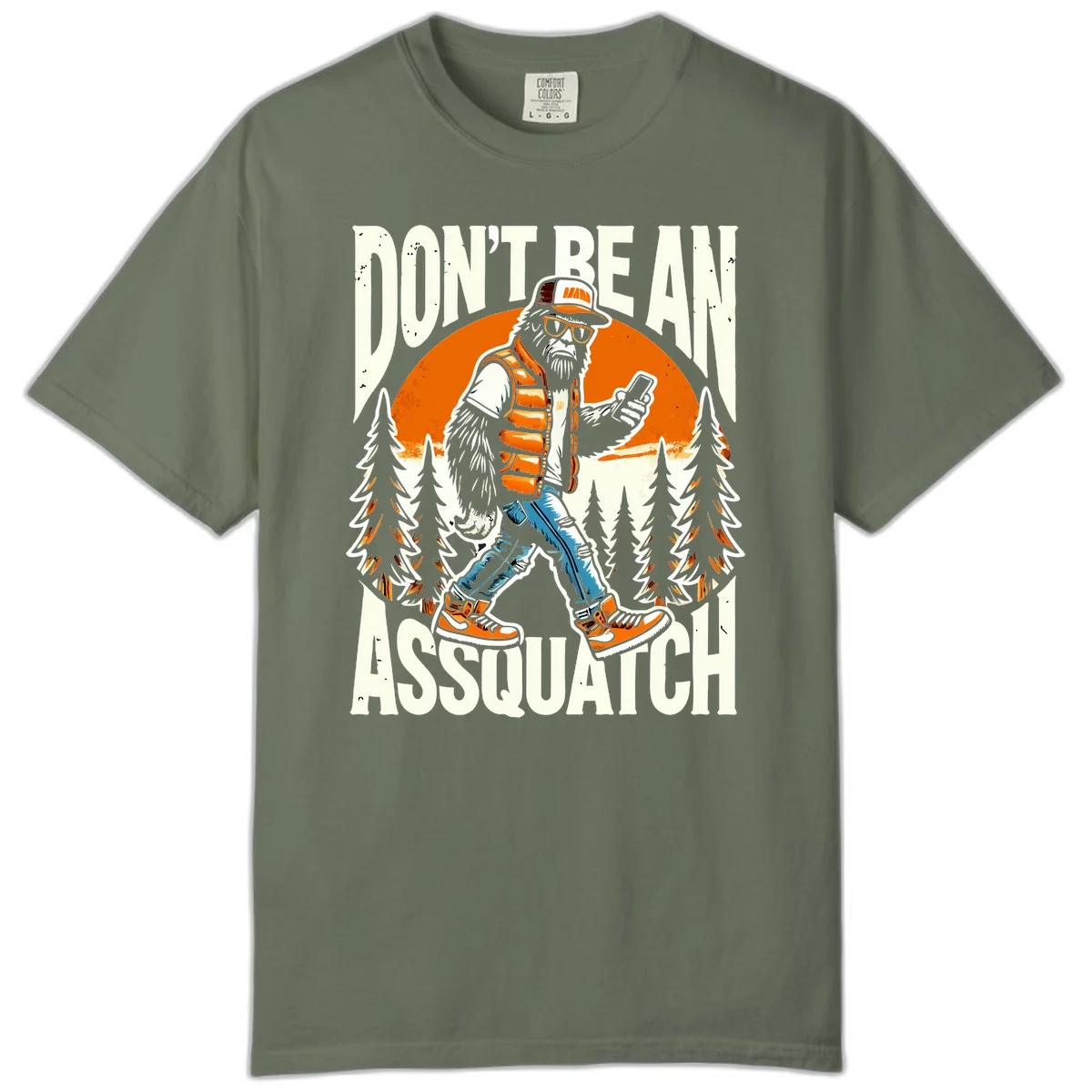 Cartoon sasquatch in hiking gear with backpack and smartphone, 'Don't Be An Assquatch' text, forest and orange sun background. in Moss