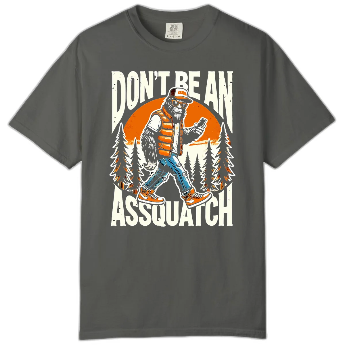 Cartoon sasquatch in hiking gear with backpack and smartphone, 'Don't Be An Assquatch' text, forest and orange sun background. in Pepper