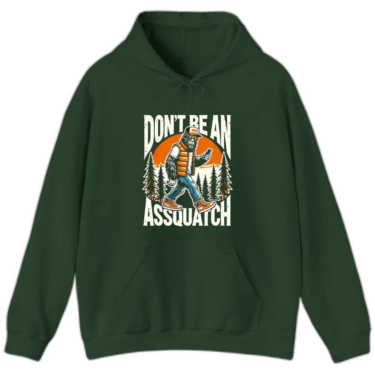 Cartoon sasquatch in hiking gear with backpack and smartphone, 'Don't Be An Assquatch' text, forest and orange sun background. in Forest Green