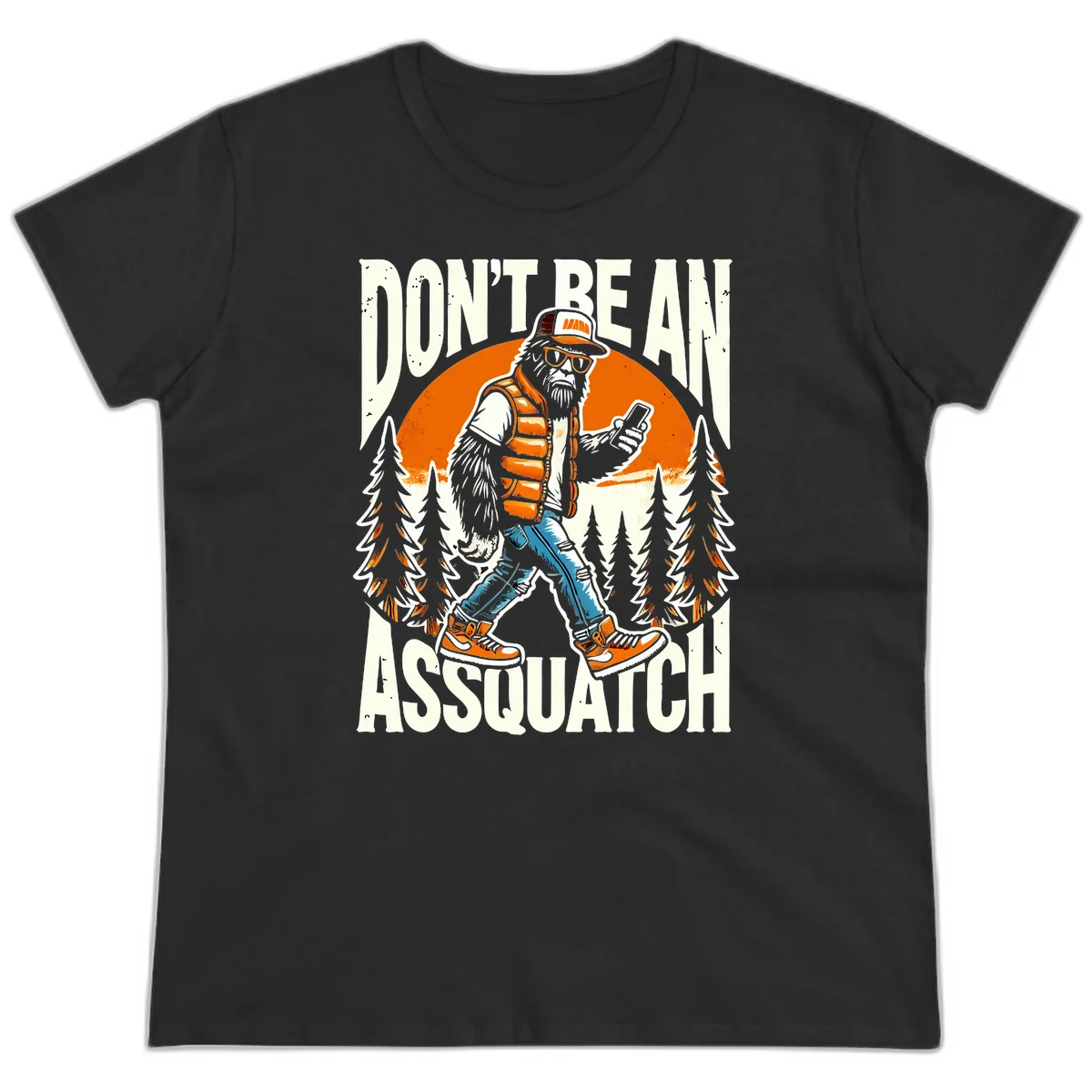 Cartoon sasquatch in hiking gear with backpack and smartphone, 'Don't Be An Assquatch' text, forest and orange sun background. in Black