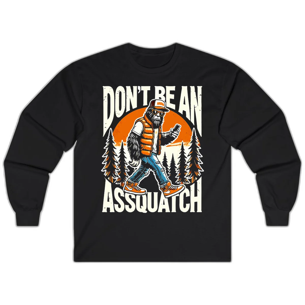 Cartoon sasquatch in hiking gear with backpack and smartphone, 'Don't Be An Assquatch' text, forest and orange sun background. in Black