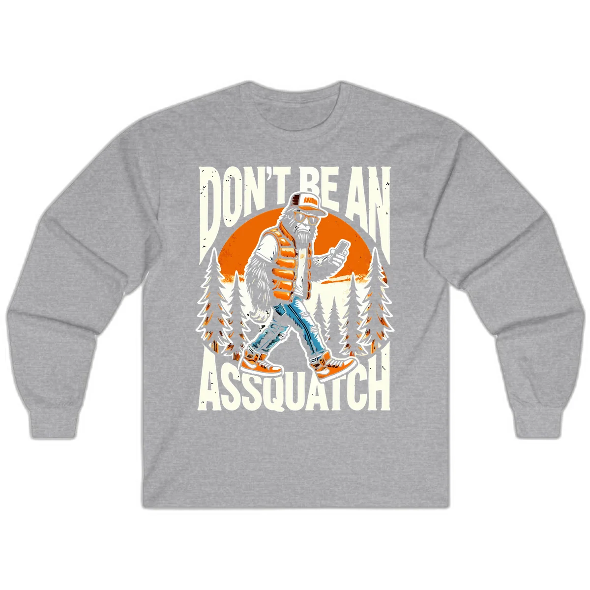 Cartoon sasquatch in hiking gear with backpack and smartphone, 'Don't Be An Assquatch' text, forest and orange sun background. in Sport Grey
