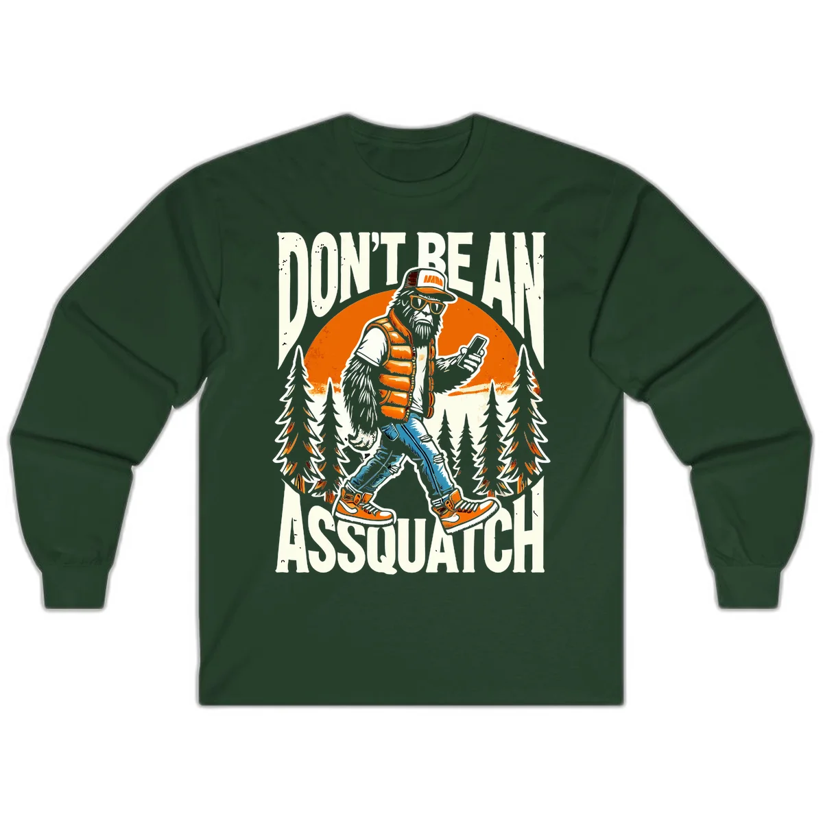 Cartoon sasquatch in hiking gear with backpack and smartphone, 'Don't Be An Assquatch' text, forest and orange sun background. in Forest Green