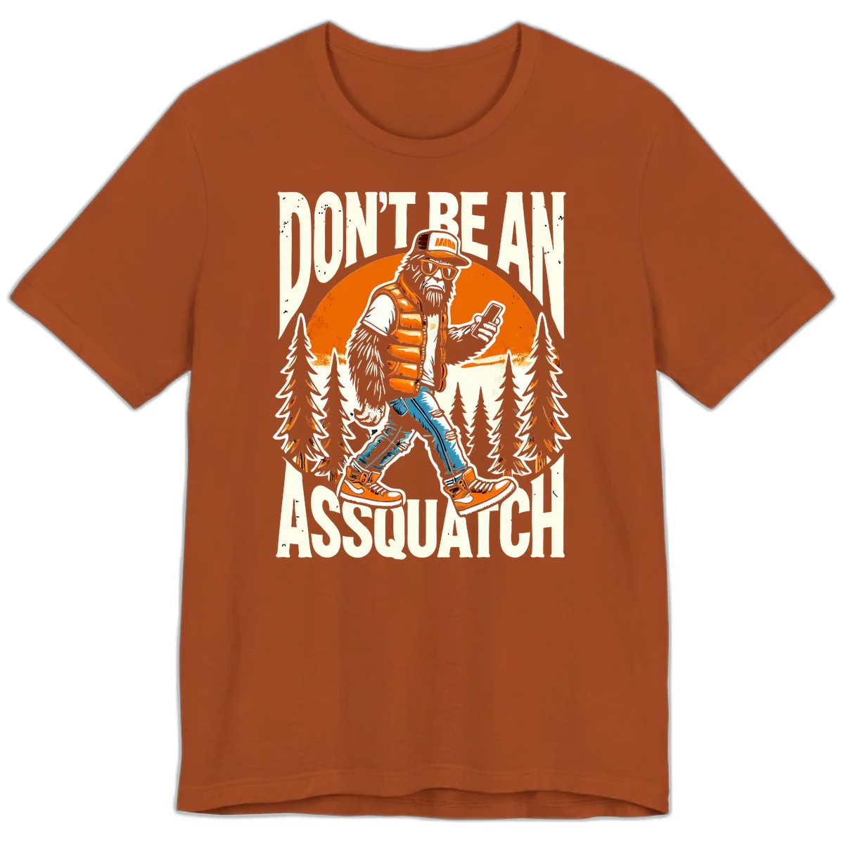 Cartoon sasquatch in hiking gear with backpack and smartphone, 'Don't Be An Assquatch' text, forest and orange sun background. in Autumn