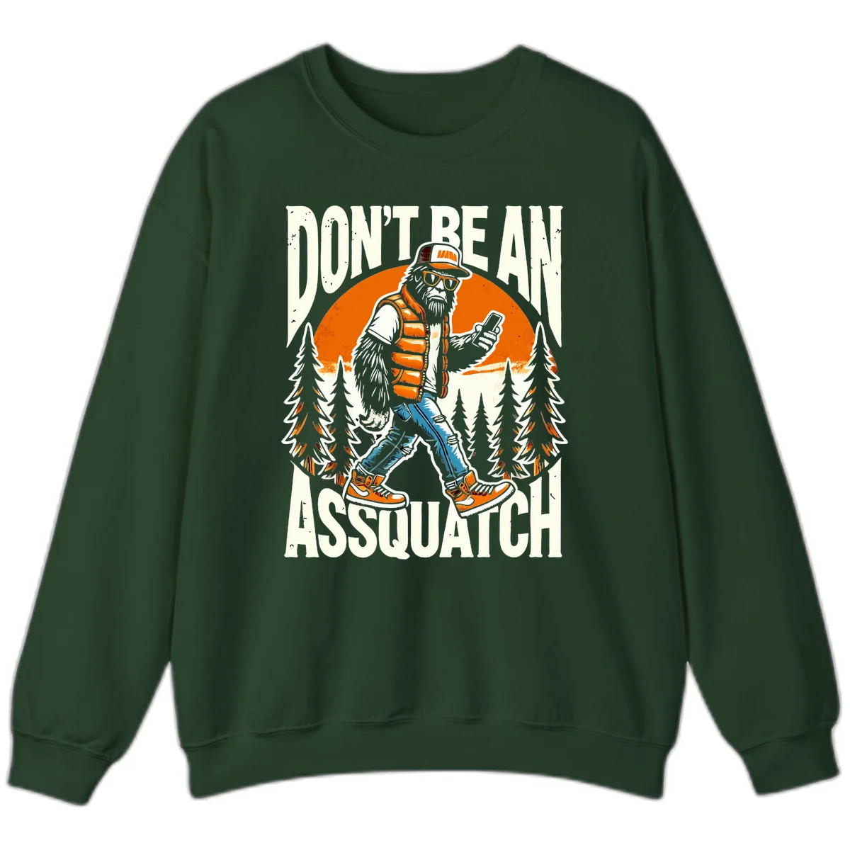 Cartoon sasquatch in hiking gear with backpack and smartphone, 'Don't Be An Assquatch' text, forest and orange sun background. in Forest Green