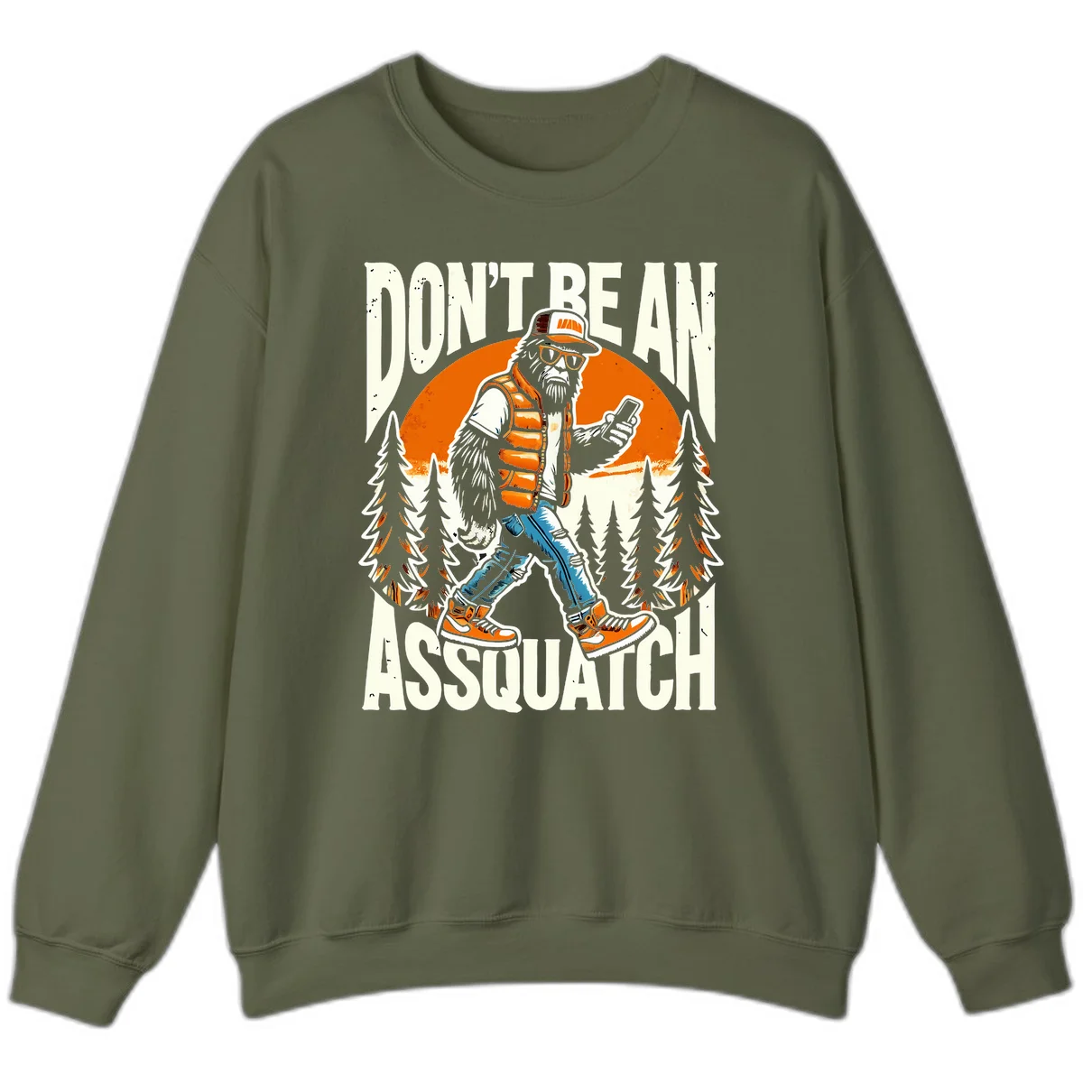 Cartoon sasquatch in hiking gear with backpack and smartphone, 'Don't Be An Assquatch' text, forest and orange sun background. in Military Green