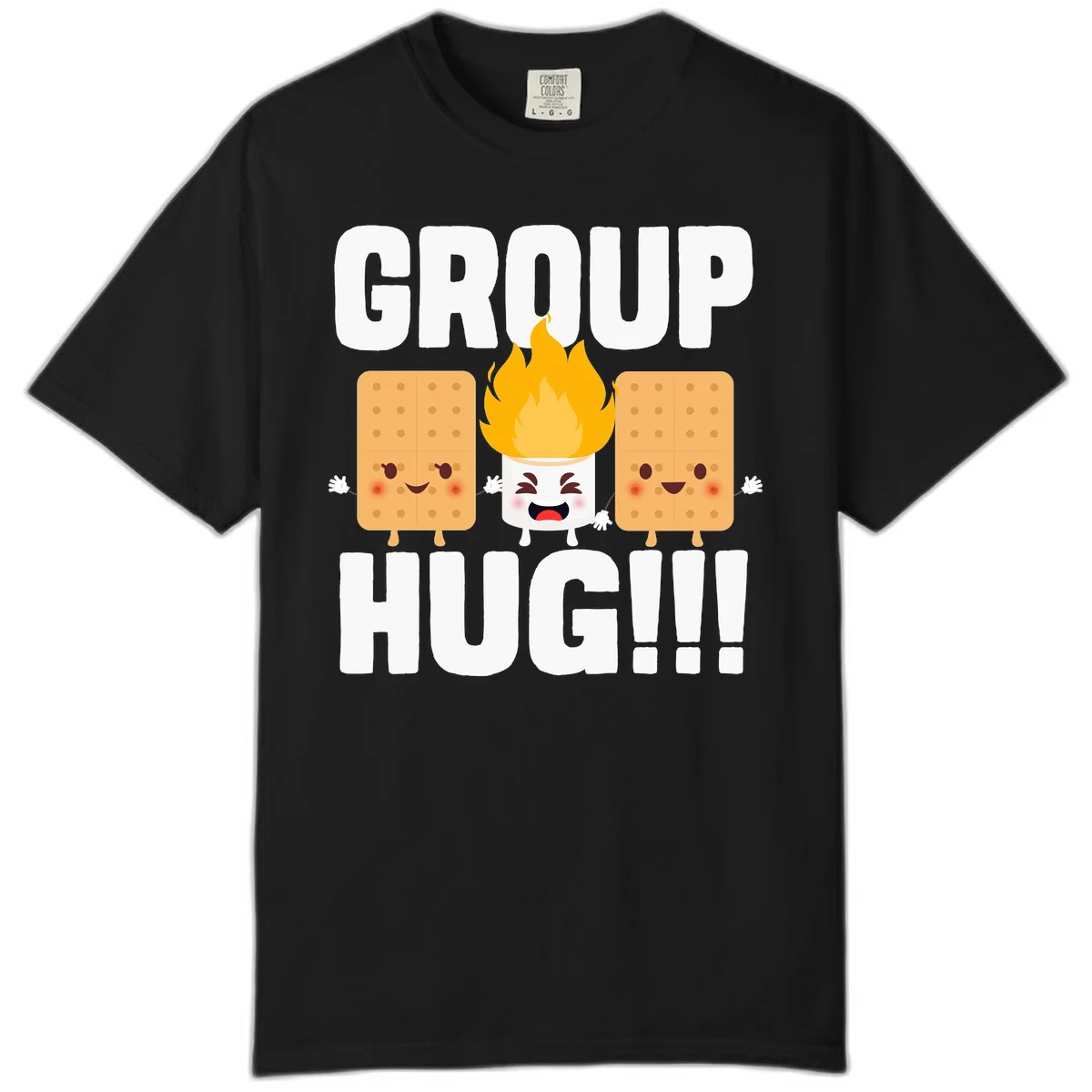 Illustration of two smiling graham crackers and a flaming marshmallow hugging under the text 'GROUP HUG' celebrating s'mores togetherness. in Black