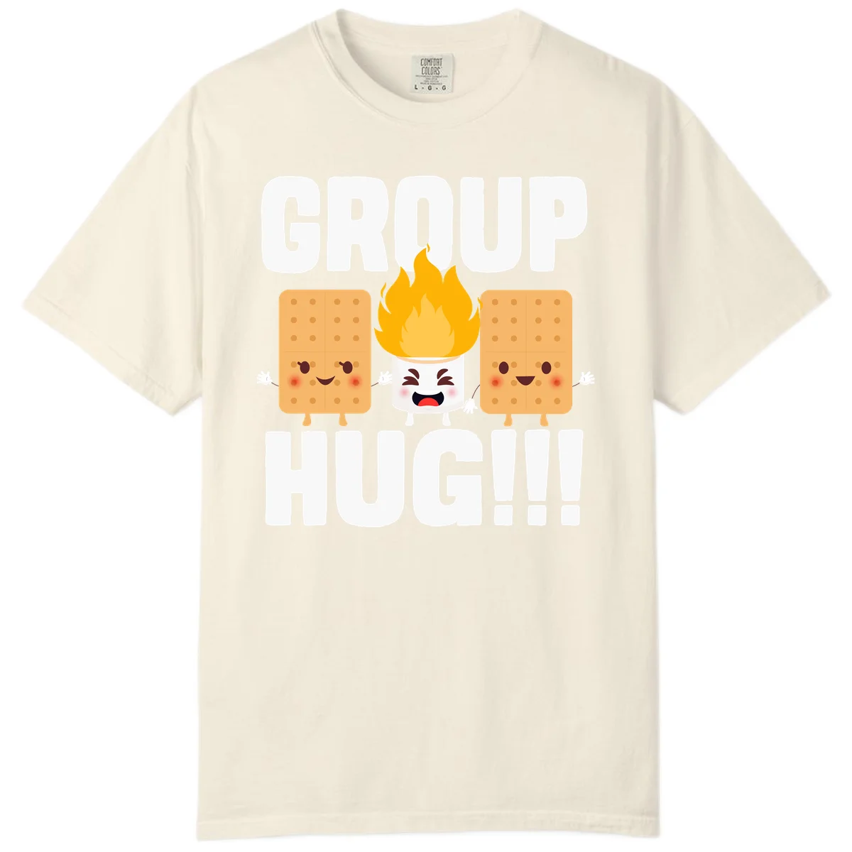 Illustration of two smiling graham crackers and a flaming marshmallow hugging under the text 'GROUP HUG' celebrating s'mores togetherness. in Ivory
