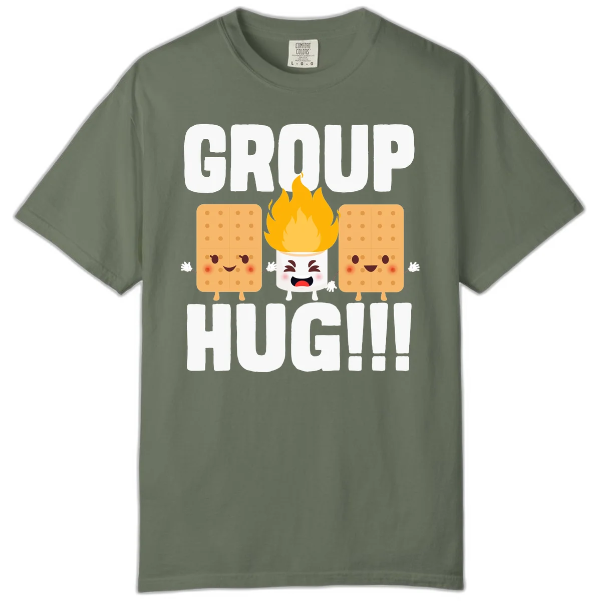 Illustration of two smiling graham crackers and a flaming marshmallow hugging under the text 'GROUP HUG' celebrating s'mores togetherness. in Moss