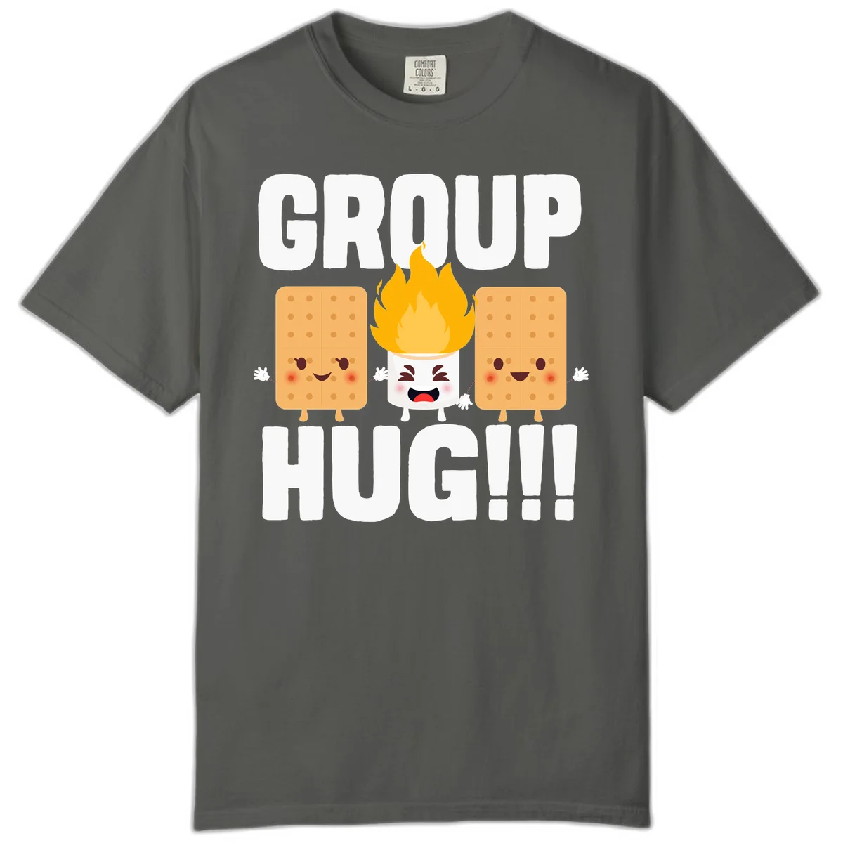 Illustration of two smiling graham crackers and a flaming marshmallow hugging under the text 'GROUP HUG' celebrating s'mores togetherness. in Pepper
