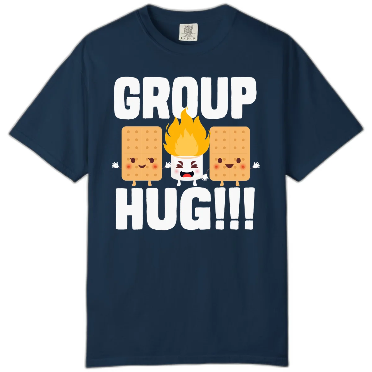 Illustration of two smiling graham crackers and a flaming marshmallow hugging under the text 'GROUP HUG' celebrating s'mores togetherness. in True Navy
