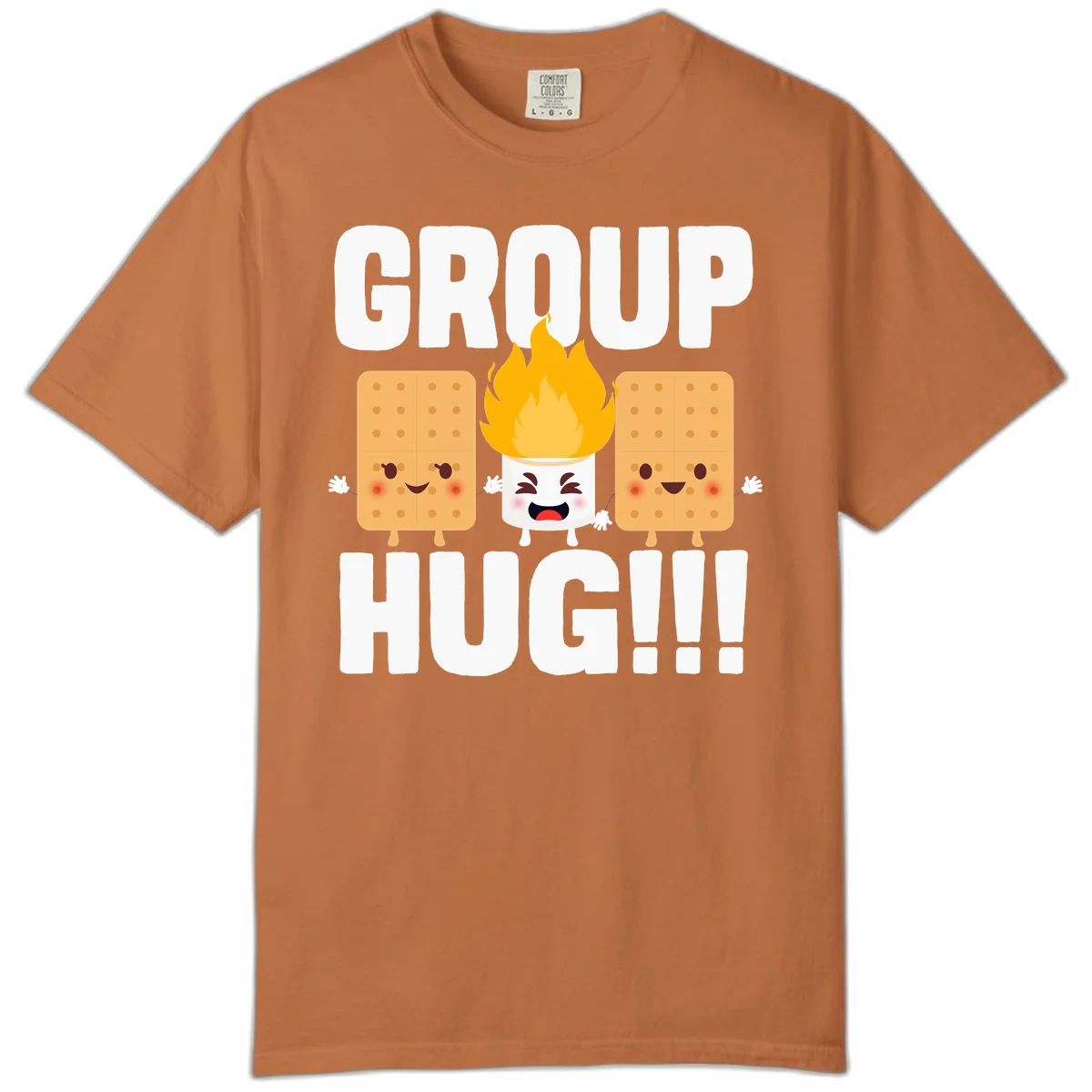 Illustration of two smiling graham crackers and a flaming marshmallow hugging under the text 'GROUP HUG' celebrating s'mores togetherness. in Yam