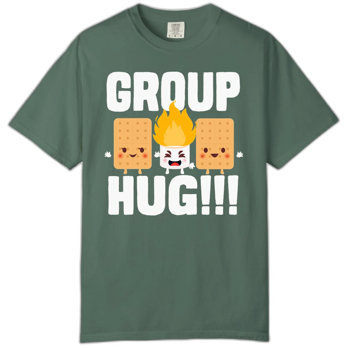 Illustration of two smiling graham crackers and a flaming marshmallow hugging under the text 'GROUP HUG' celebrating s'mores togetherness. in Blue Spruce