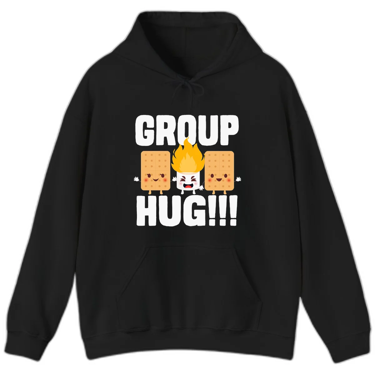Illustration of two smiling graham crackers and a flaming marshmallow hugging under the text 'GROUP HUG' celebrating s'mores togetherness. in Black