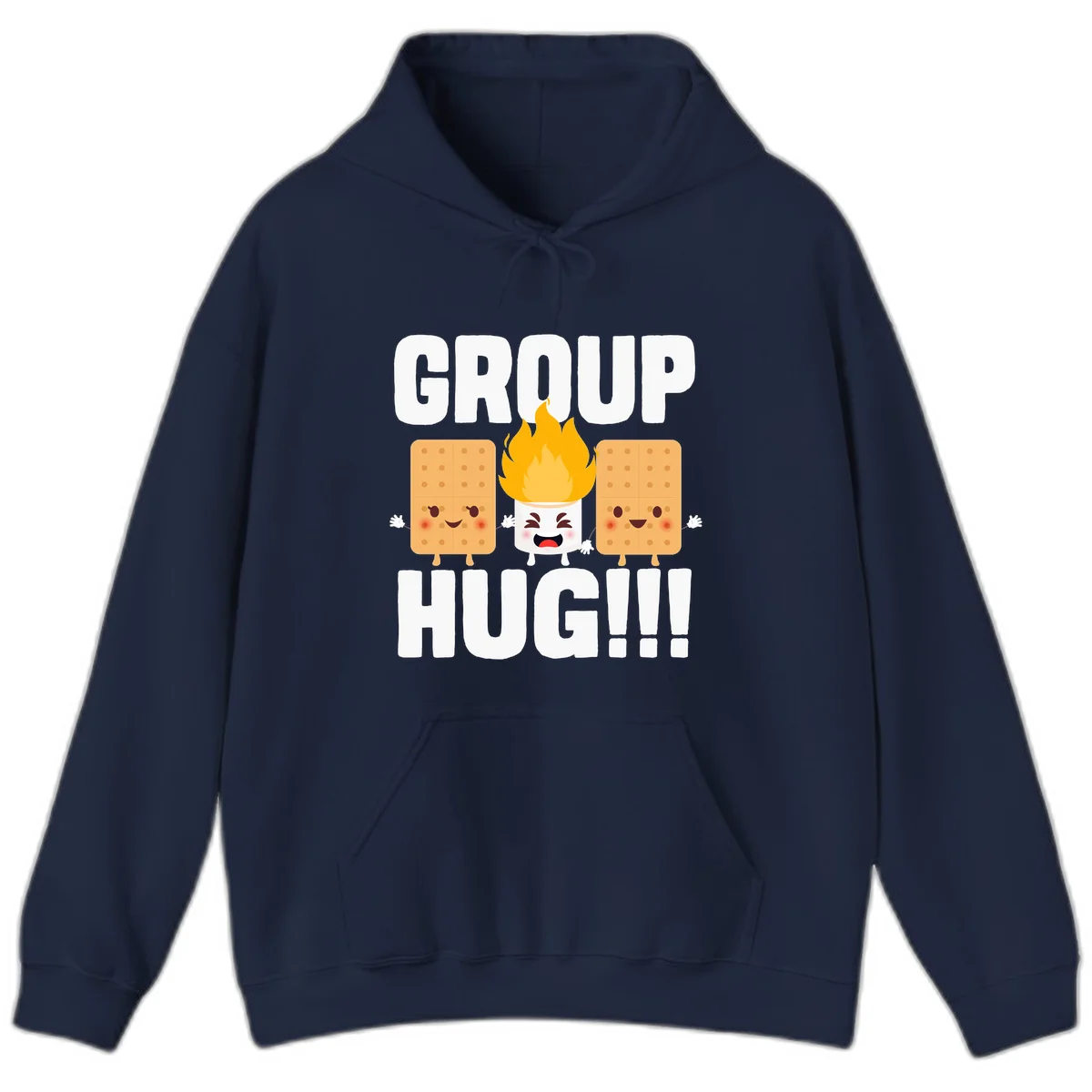Illustration of two smiling graham crackers and a flaming marshmallow hugging under the text 'GROUP HUG' celebrating s'mores togetherness. in Navy