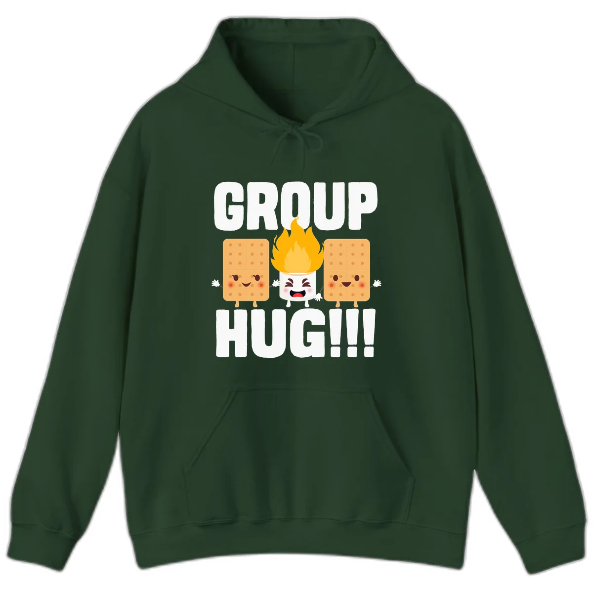 Illustration of two smiling graham crackers and a flaming marshmallow hugging under the text 'GROUP HUG' celebrating s'mores togetherness. in Forest Green