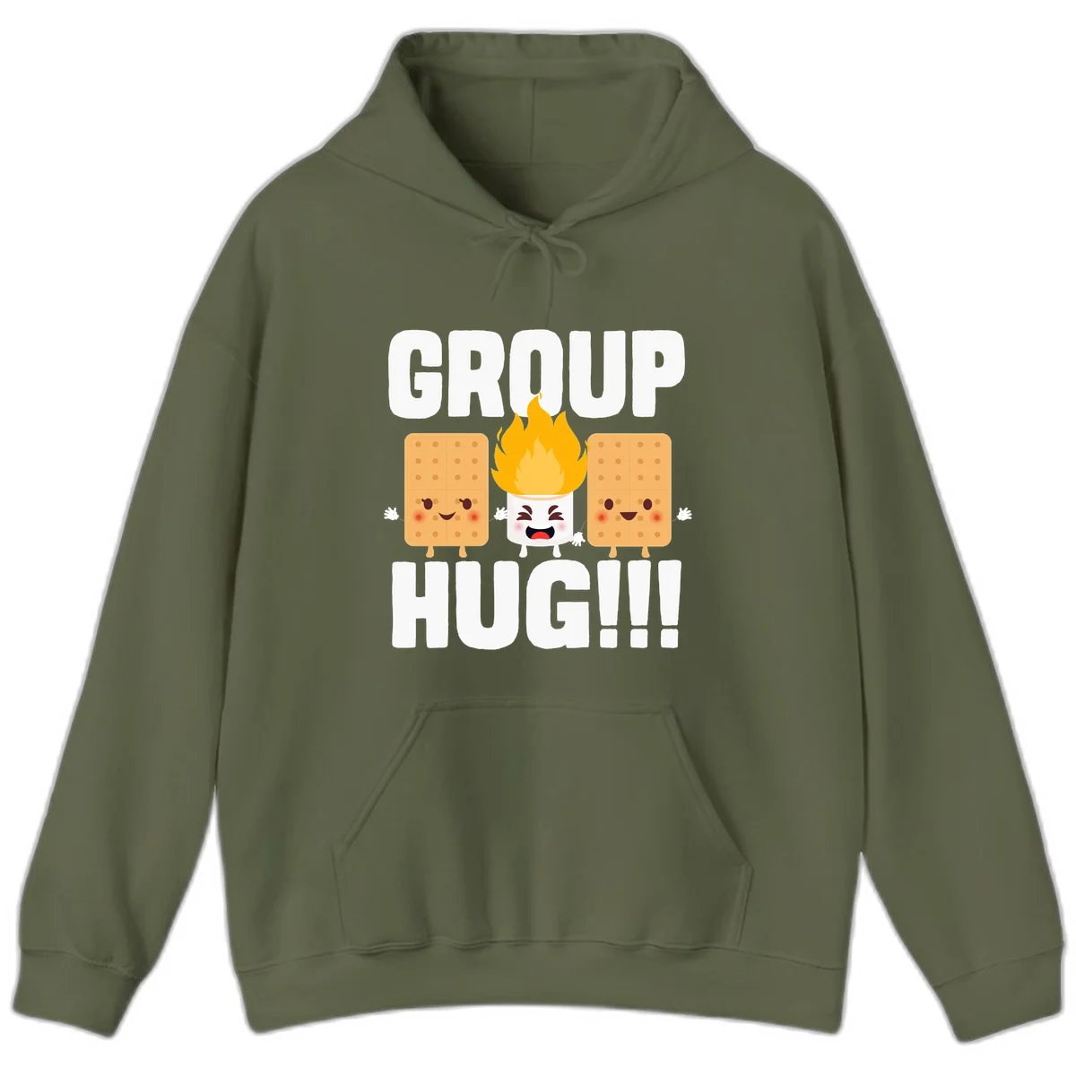 Illustration of two smiling graham crackers and a flaming marshmallow hugging under the text 'GROUP HUG' celebrating s'mores togetherness. in Military Green