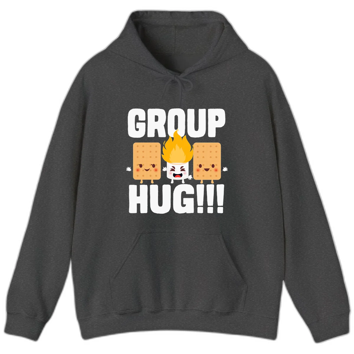 Illustration of two smiling graham crackers and a flaming marshmallow hugging under the text 'GROUP HUG' celebrating s'mores togetherness. in Dark Heather