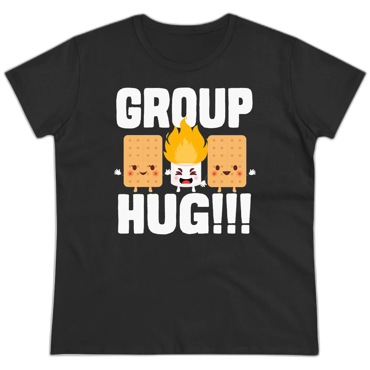 Illustration of two smiling graham crackers and a flaming marshmallow hugging under the text 'GROUP HUG' celebrating s'mores togetherness. in Black