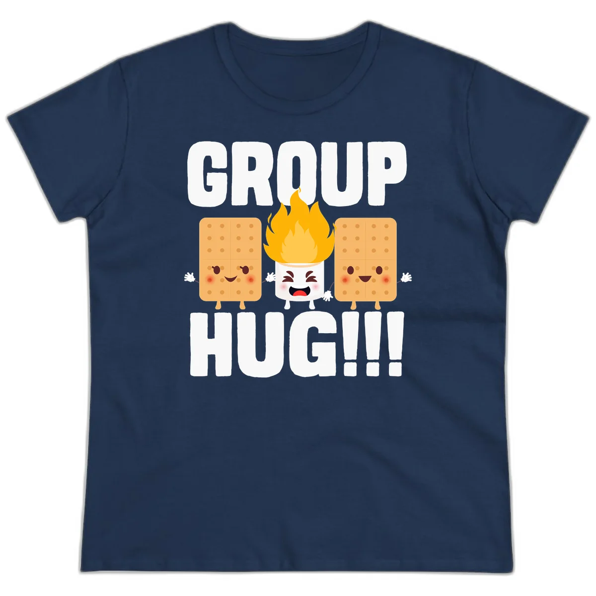 Illustration of two smiling graham crackers and a flaming marshmallow hugging under the text 'GROUP HUG' celebrating s'mores togetherness. in Navy