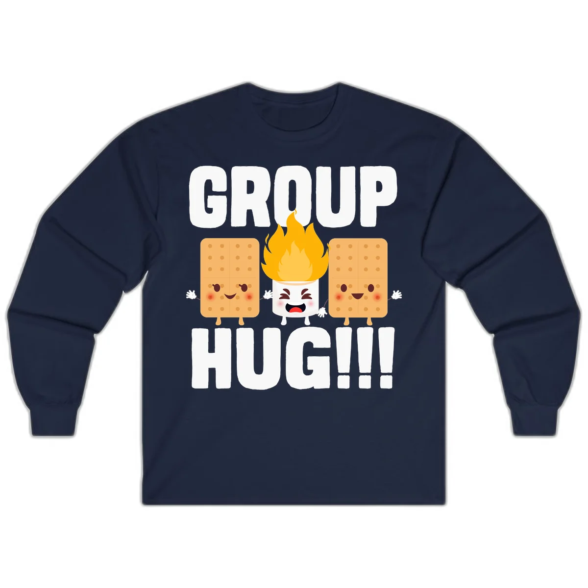 Illustration of two smiling graham crackers and a flaming marshmallow hugging under the text 'GROUP HUG' celebrating s'mores togetherness. in Navy