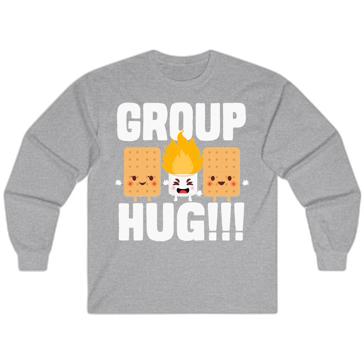 Illustration of two smiling graham crackers and a flaming marshmallow hugging under the text 'GROUP HUG' celebrating s'mores togetherness. in Sport Grey