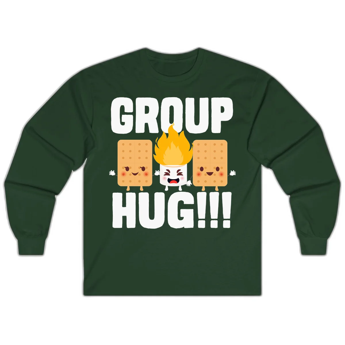 Illustration of two smiling graham crackers and a flaming marshmallow hugging under the text 'GROUP HUG' celebrating s'mores togetherness. in Forest Green
