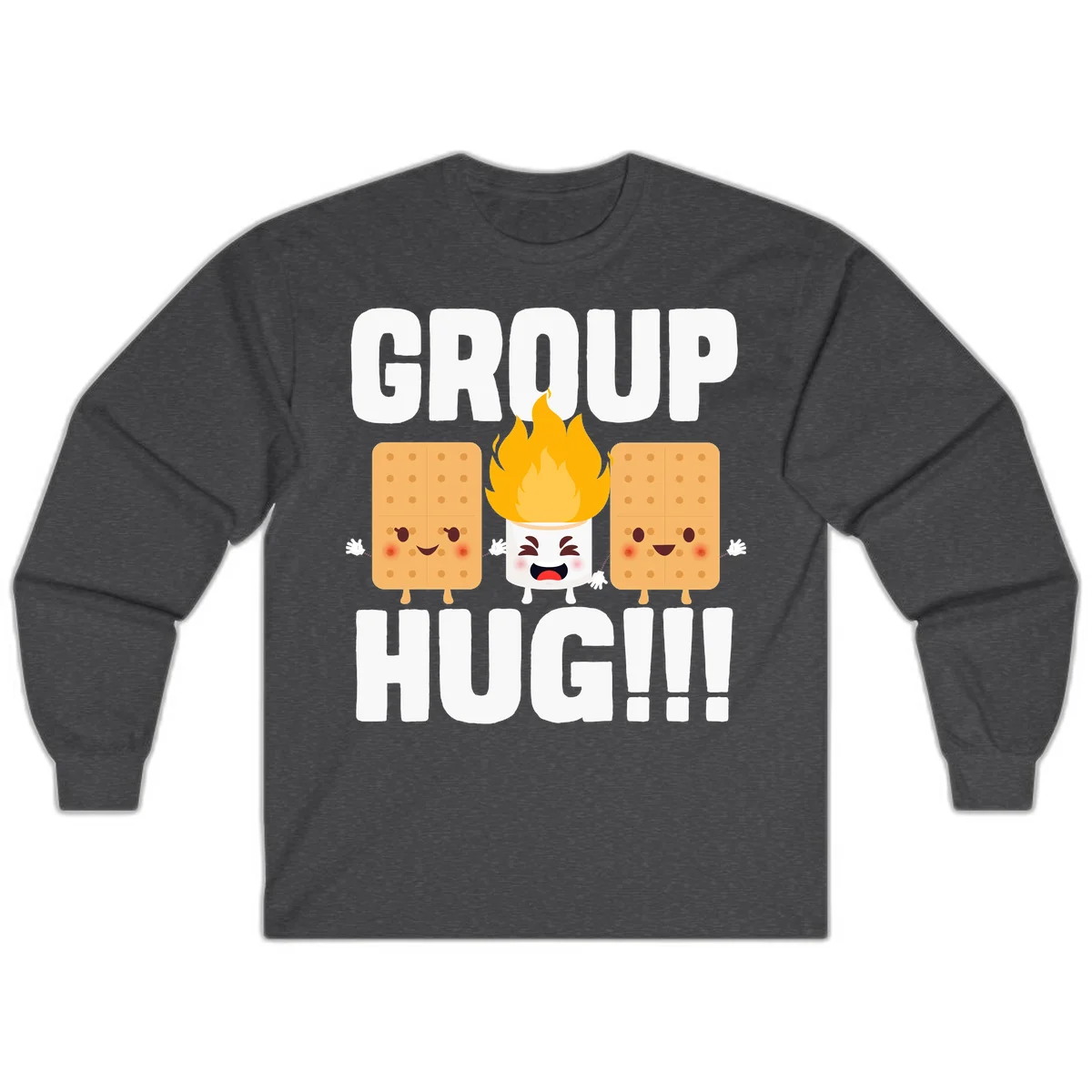 Illustration of two smiling graham crackers and a flaming marshmallow hugging under the text 'GROUP HUG' celebrating s'mores togetherness. in Dark Heather