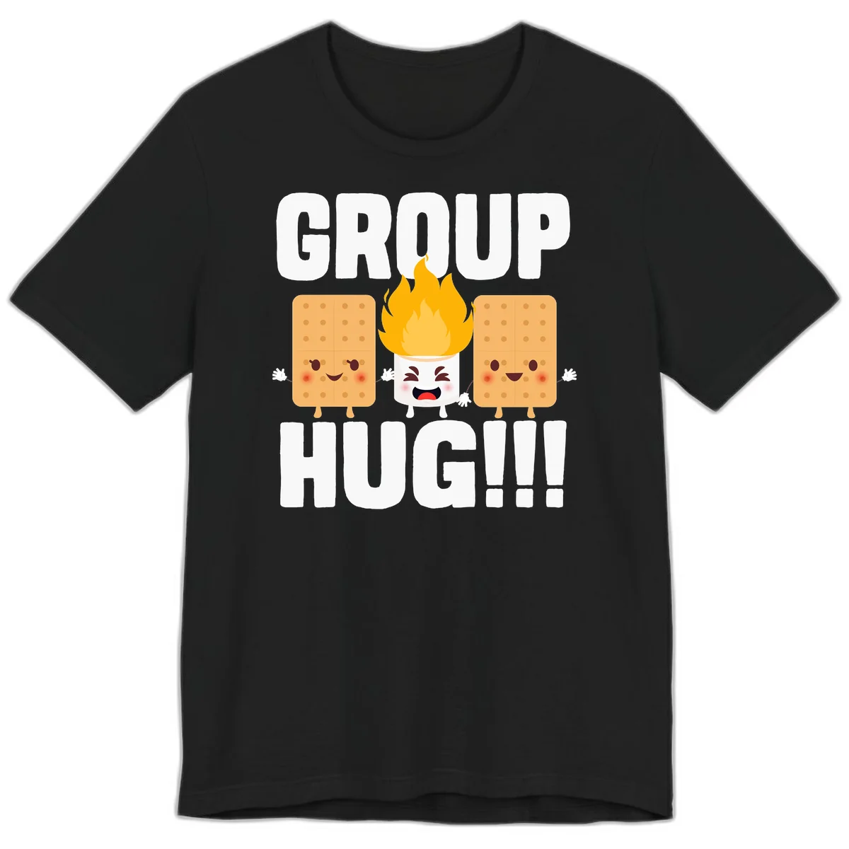 Illustration of two smiling graham crackers and a flaming marshmallow hugging under the text 'GROUP HUG' celebrating s'mores togetherness. in Black