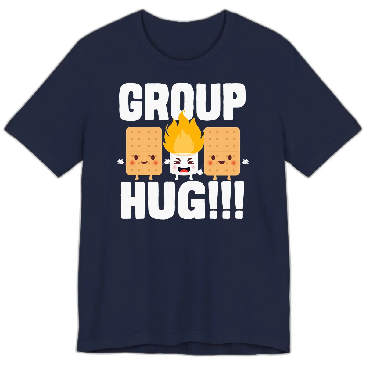 Illustration of two smiling graham crackers and a flaming marshmallow hugging under the text 'GROUP HUG' celebrating s'mores togetherness. in Navy