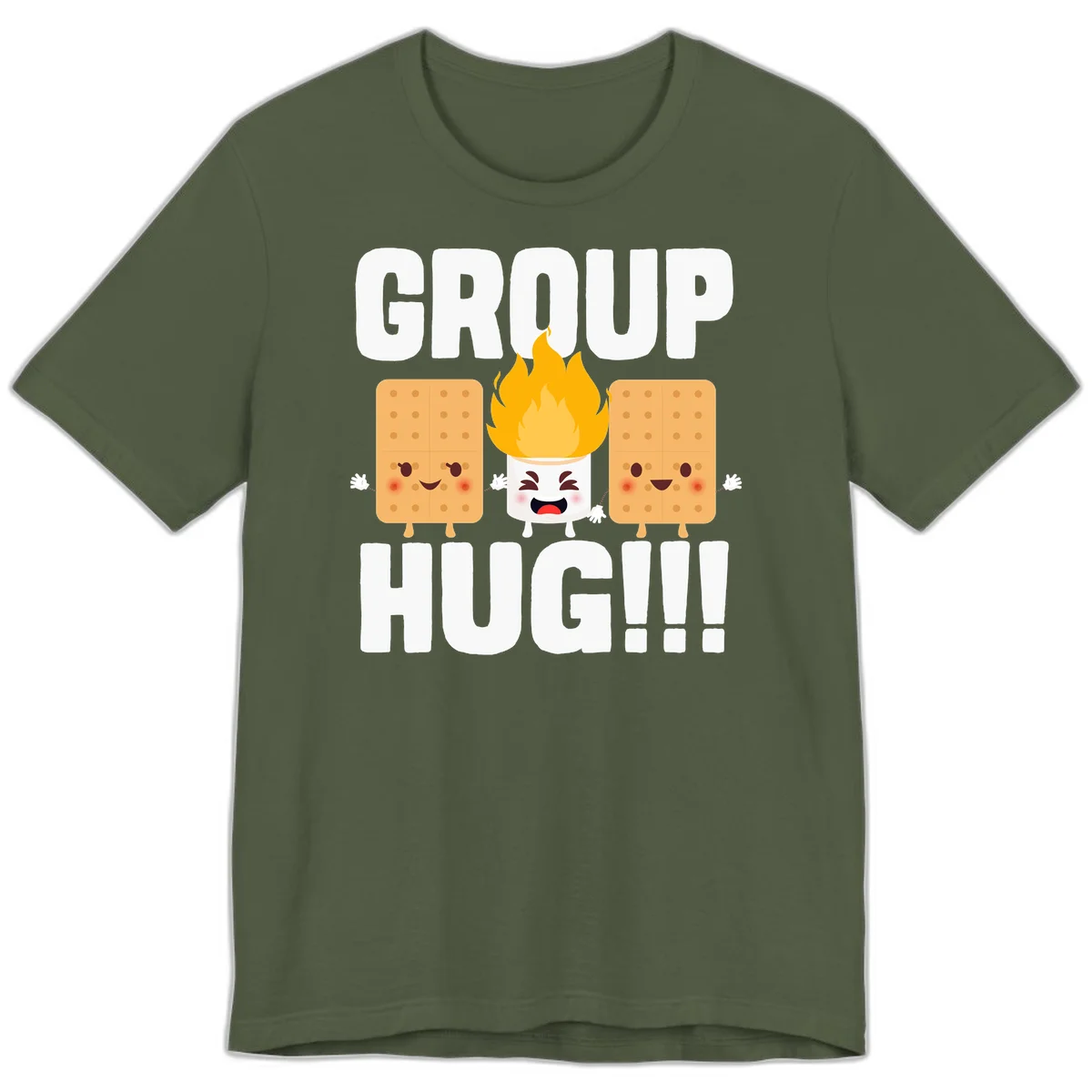 Illustration of two smiling graham crackers and a flaming marshmallow hugging under the text 'GROUP HUG' celebrating s'mores togetherness. in Military Green