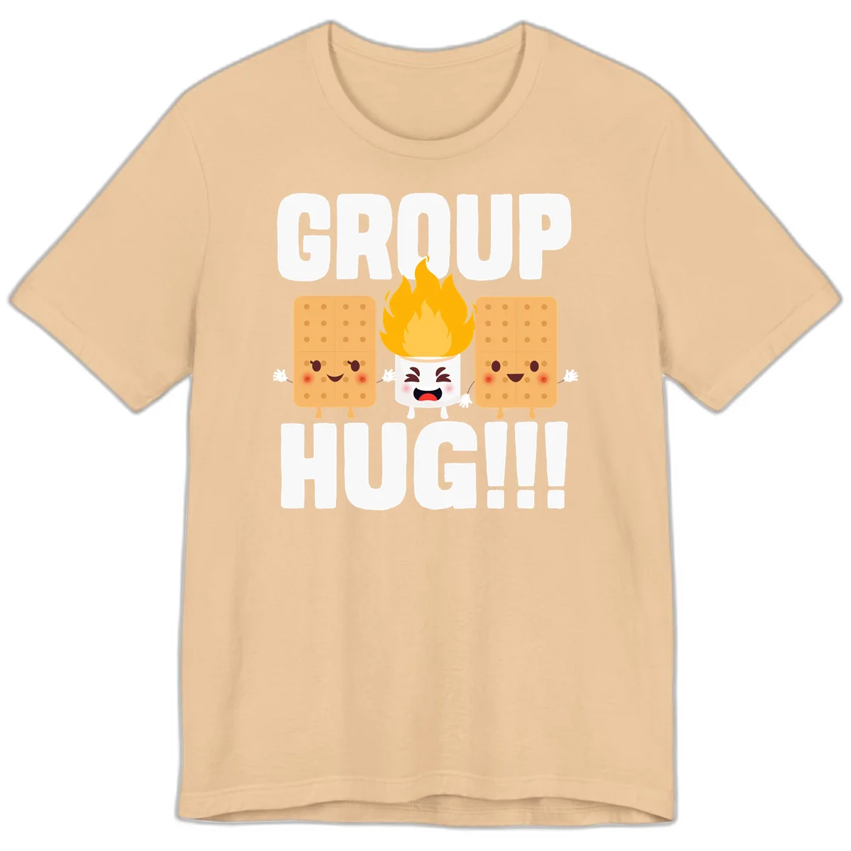 Illustration of two smiling graham crackers and a flaming marshmallow hugging under the text 'GROUP HUG' celebrating s'mores togetherness. in Sand Dune