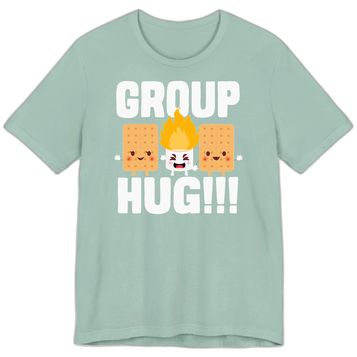 Illustration of two smiling graham crackers and a flaming marshmallow hugging under the text 'GROUP HUG' celebrating s'mores togetherness. in Dusty Blue