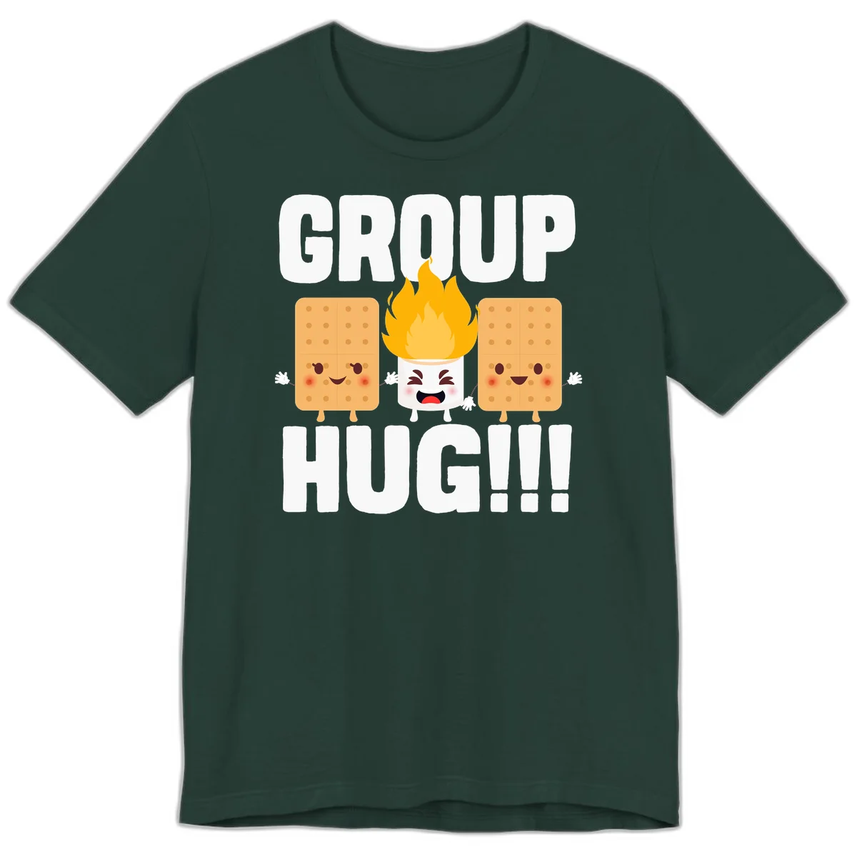 Illustration of two smiling graham crackers and a flaming marshmallow hugging under the text 'GROUP HUG' celebrating s'mores togetherness. in Forest