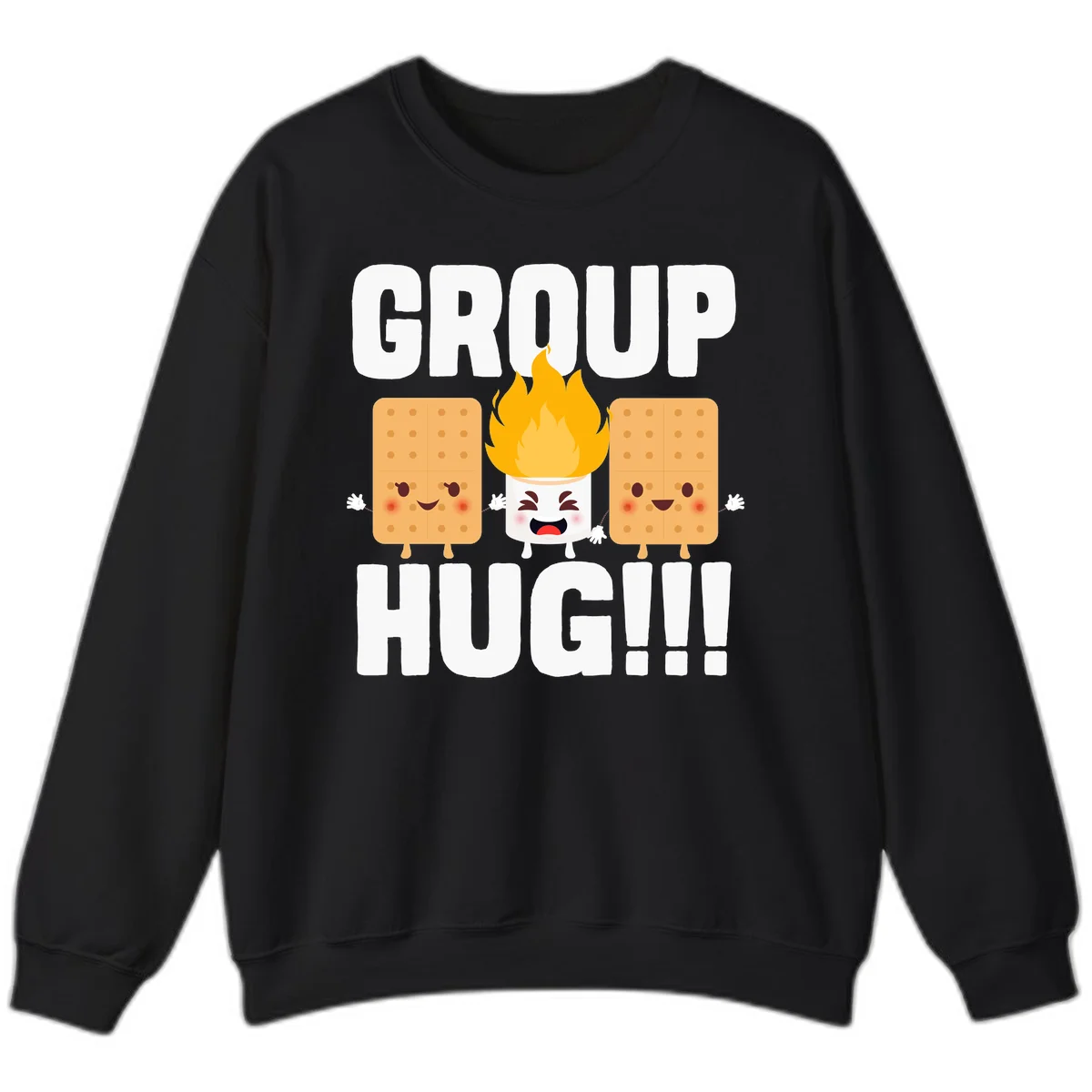 Illustration of two smiling graham crackers and a flaming marshmallow hugging under the text 'GROUP HUG' celebrating s'mores togetherness. in Black