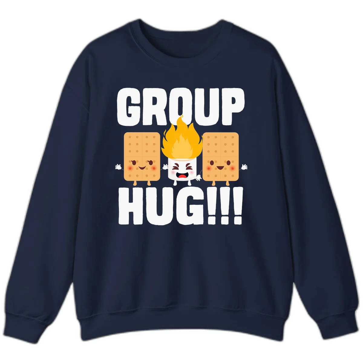 Illustration of two smiling graham crackers and a flaming marshmallow hugging under the text 'GROUP HUG' celebrating s'mores togetherness. in Navy
