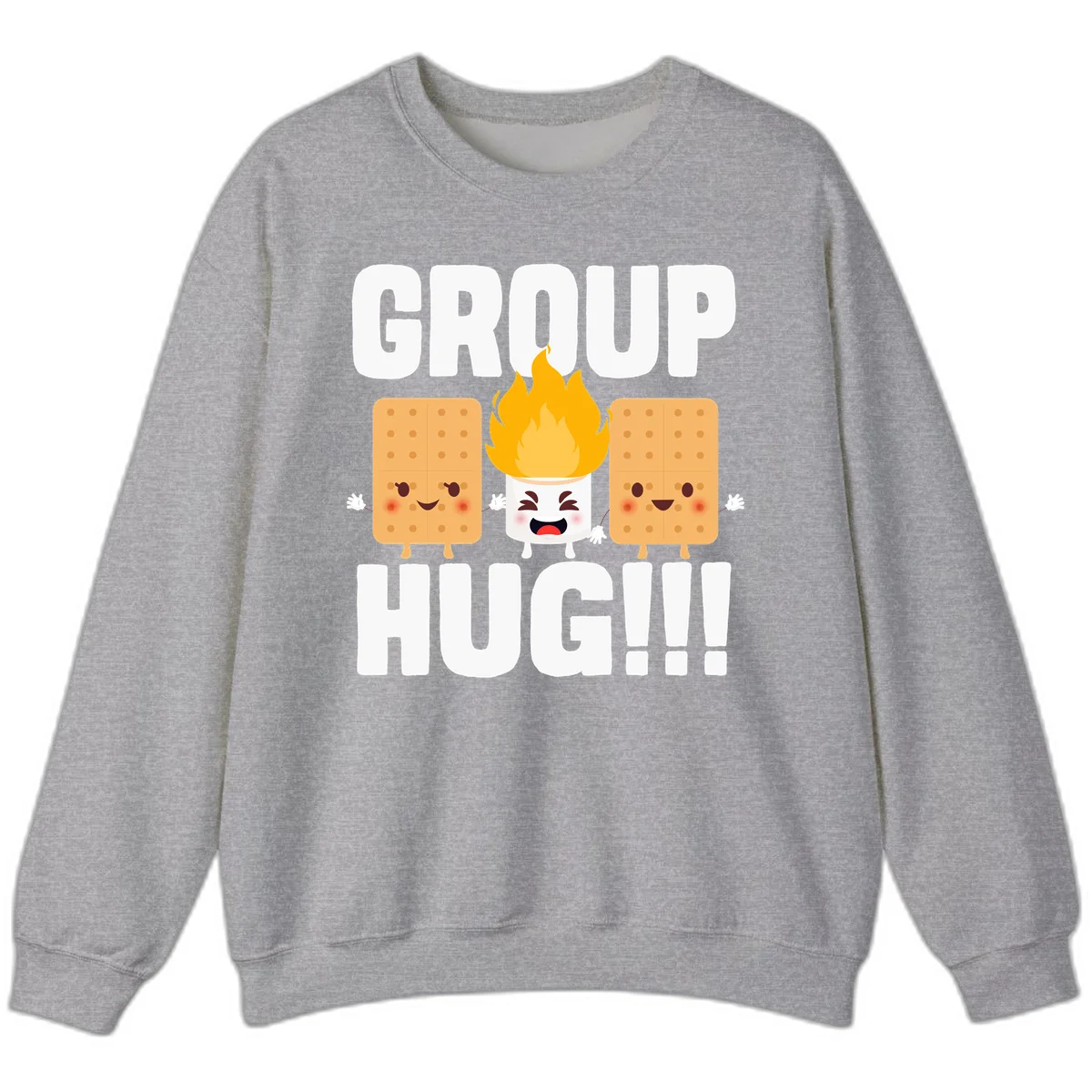 Illustration of two smiling graham crackers and a flaming marshmallow hugging under the text 'GROUP HUG' celebrating s'mores togetherness. in Sport Grey