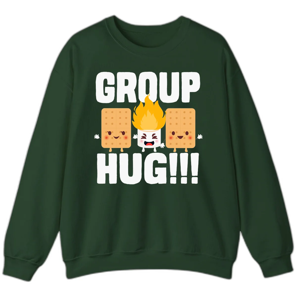 Illustration of two smiling graham crackers and a flaming marshmallow hugging under the text 'GROUP HUG' celebrating s'mores togetherness. in Forest Green