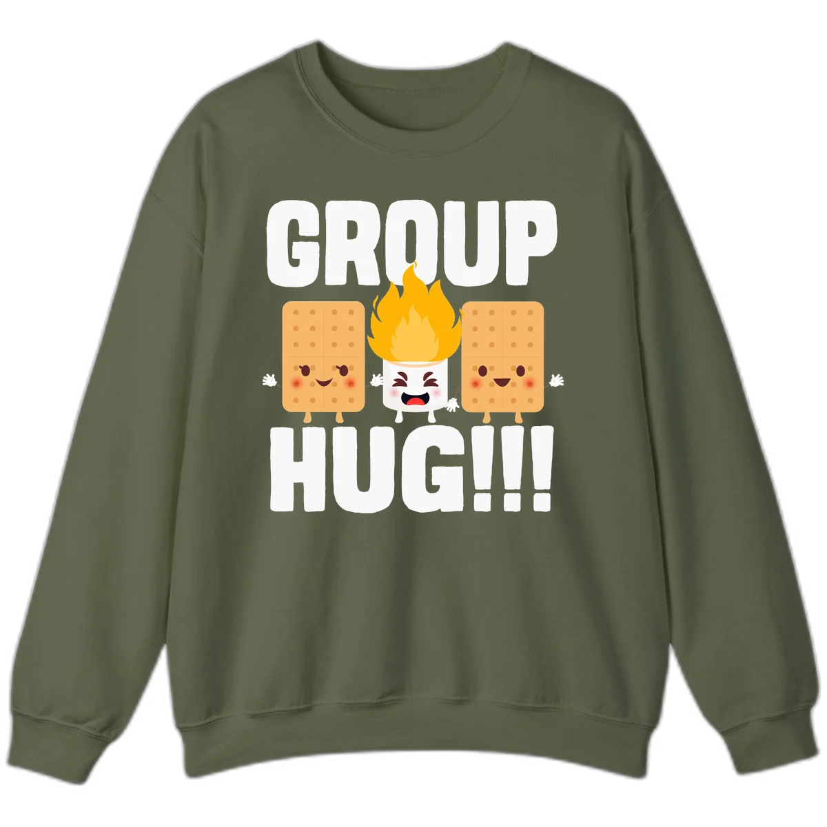 Illustration of two smiling graham crackers and a flaming marshmallow hugging under the text 'GROUP HUG' celebrating s'mores togetherness. in Military Green