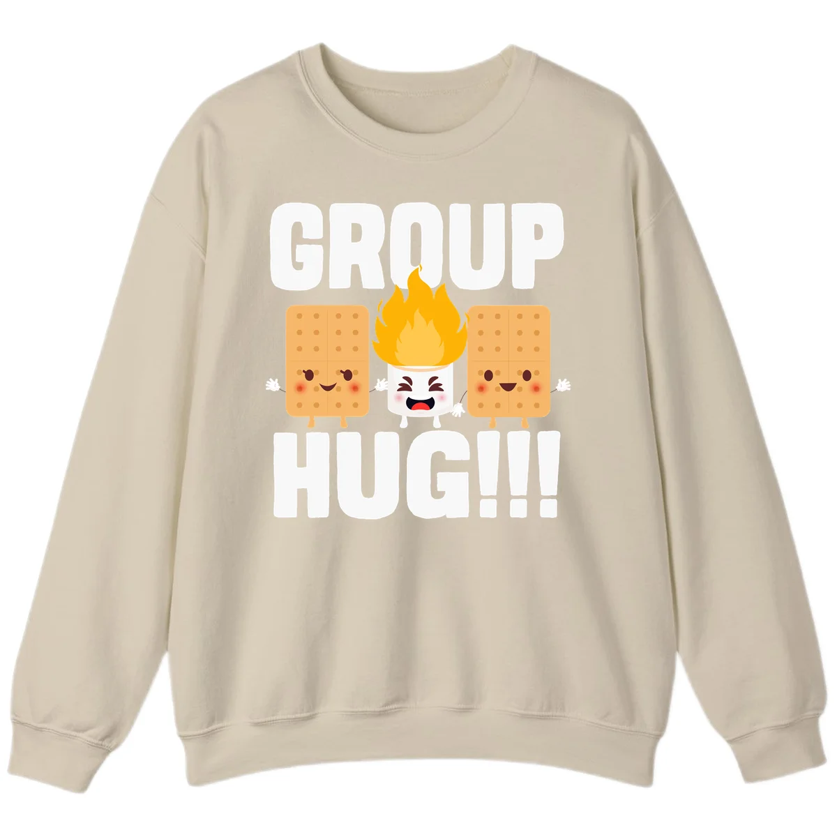 Illustration of two smiling graham crackers and a flaming marshmallow hugging under the text 'GROUP HUG' celebrating s'mores togetherness. in Sand