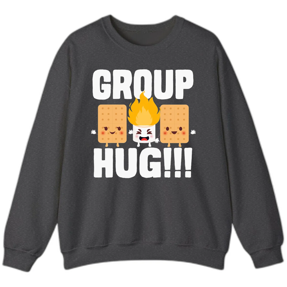 Illustration of two smiling graham crackers and a flaming marshmallow hugging under the text 'GROUP HUG' celebrating s'mores togetherness. in Dark Heather